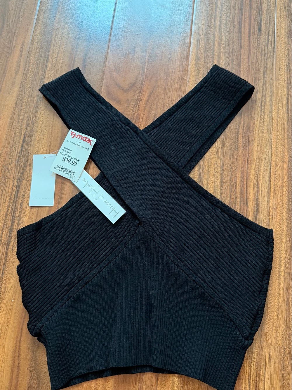 Black Ribbed Cross-Front Crop Top